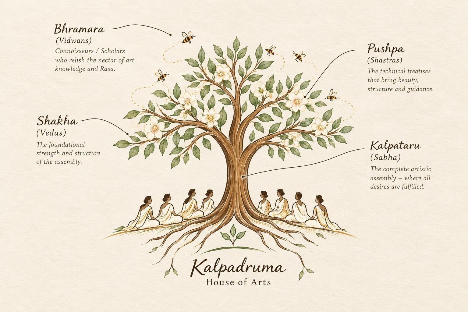 Illustrated Kalpataru Sabha tree: Vedic branches, flowers of the Shastras, and artists and connoisseurs gathered beneath it